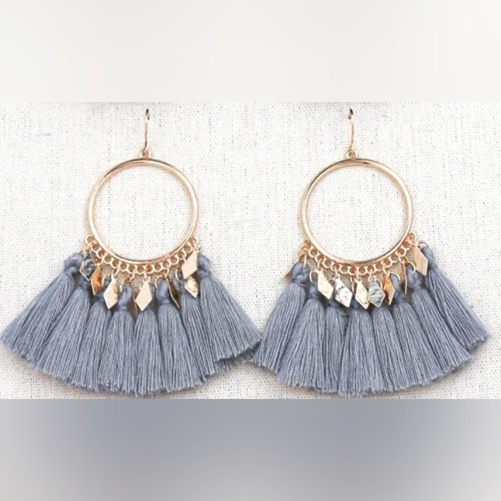 Gold Circle Drop Gray Feather Earrings